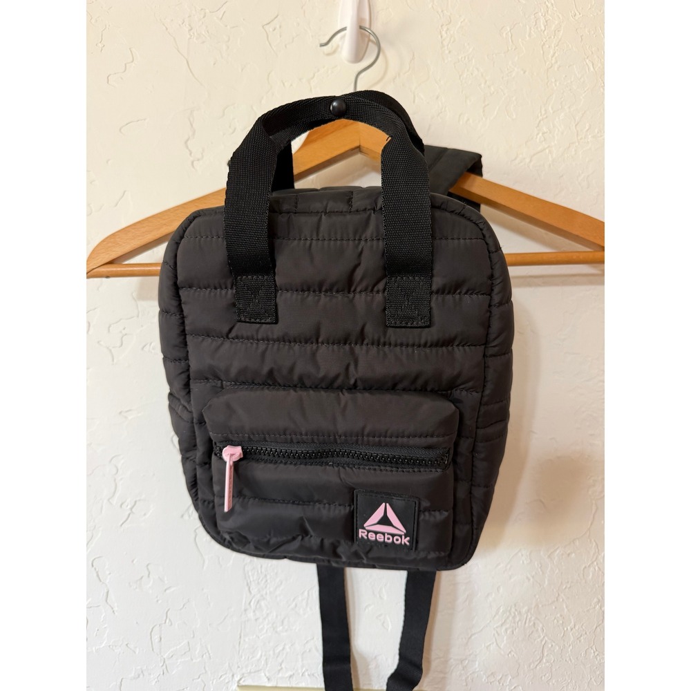 Reebok Poppy Quilted Mini Backpack Black Puffer Daypack Bag Pink Logo